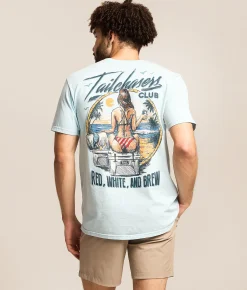 Tops|Graphic T-Shirts | Tail Chasers Club Red White Brew T-Shirt Soft Chambray Pigment Dye