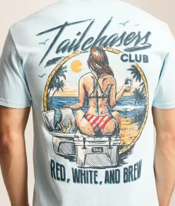 Tops|Graphic T-Shirts | Tail Chasers Club Red White Brew T-Shirt Soft Chambray Pigment Dye