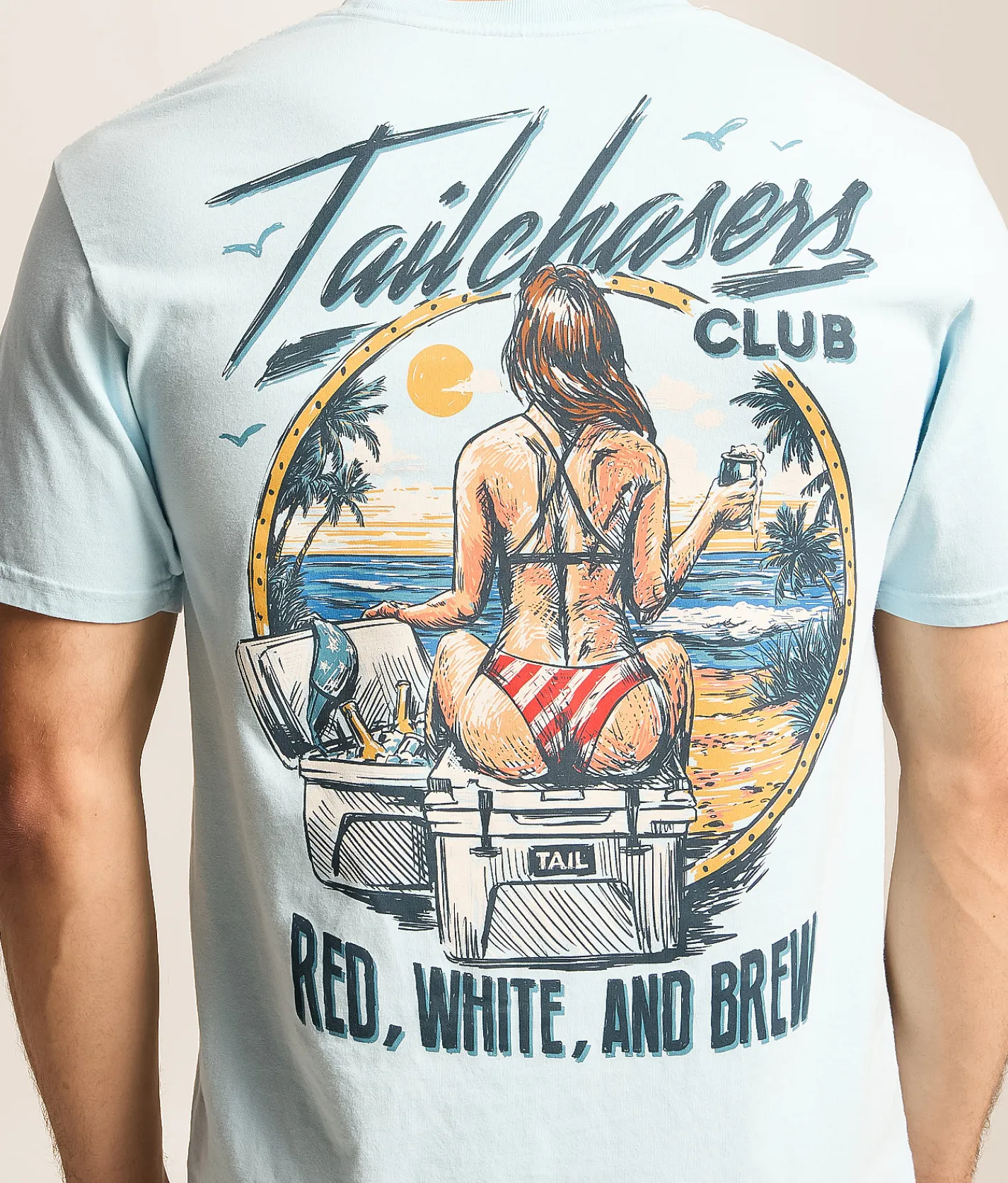 Tops|Graphic T-Shirts | Tail Chasers Club Red White Brew T-Shirt Soft Chambray Pigment Dye