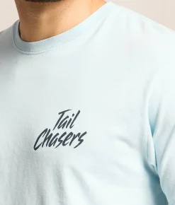 Tops|Graphic T-Shirts | Tail Chasers Club Red White Brew T-Shirt Soft Chambray Pigment Dye