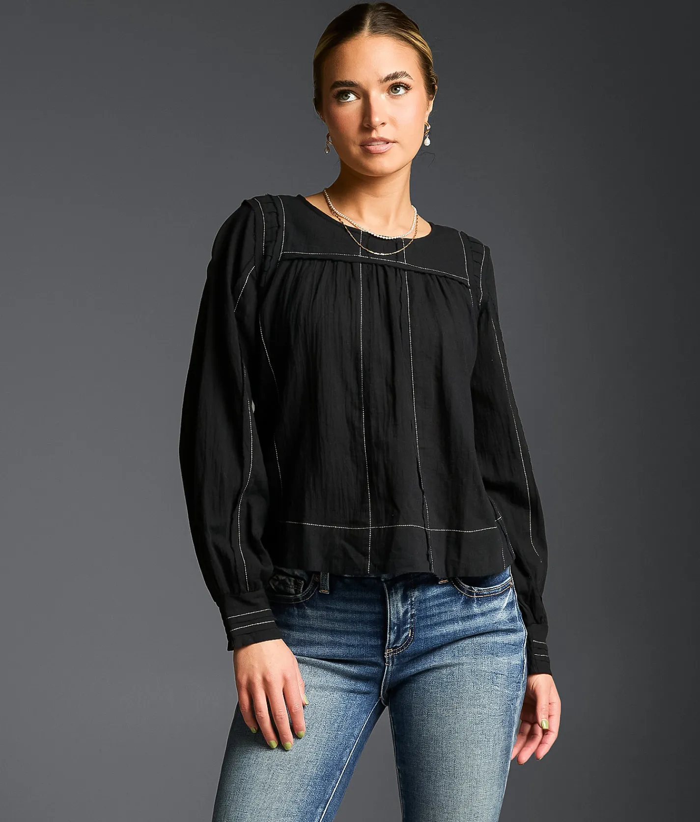 Buckle Black Refined Edit - Contrast Stitched Blouse Black New