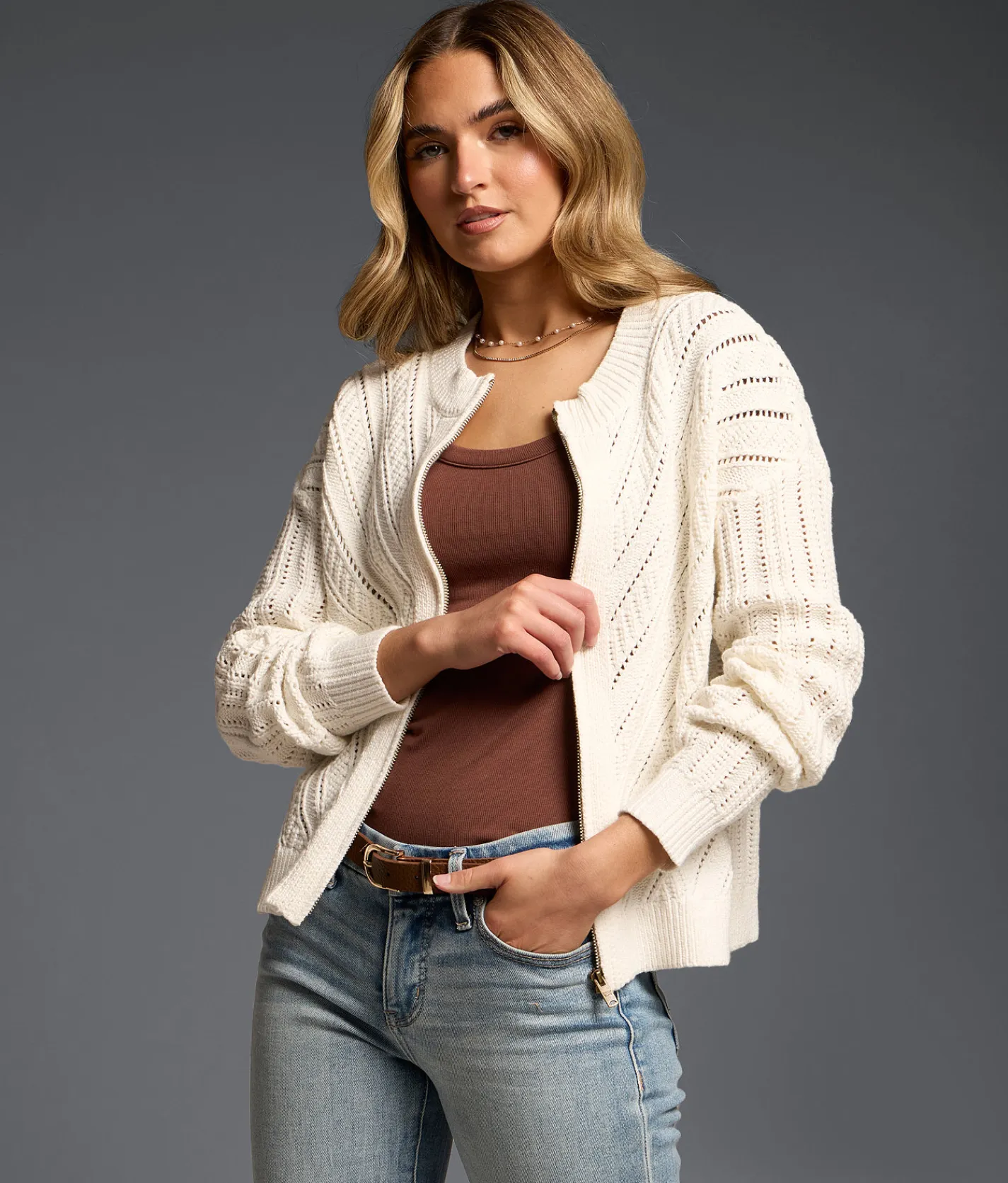 Tops | Buckle Black Refined Edit - Mixed Stitch Cardigan Sweater White
