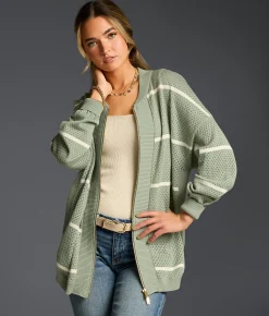 Tops | Buckle Black Refined Edit - Striped Cardigan Sweater Iceberg Green
