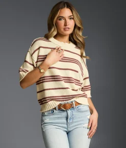 Tops | Buckle Black Refined Edit - Striped Sweater Cream Rose Brown