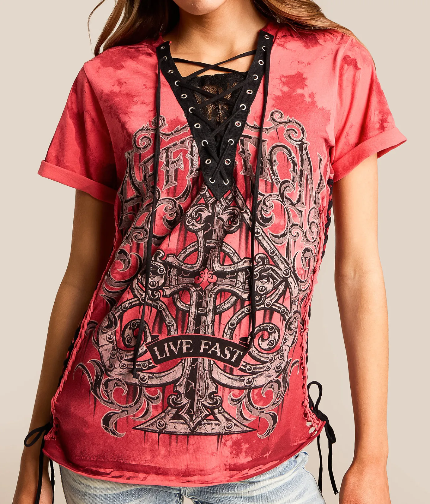 Tops | Affliction Requiem Steel Lace T-Shirt Coral Paradise Reactive