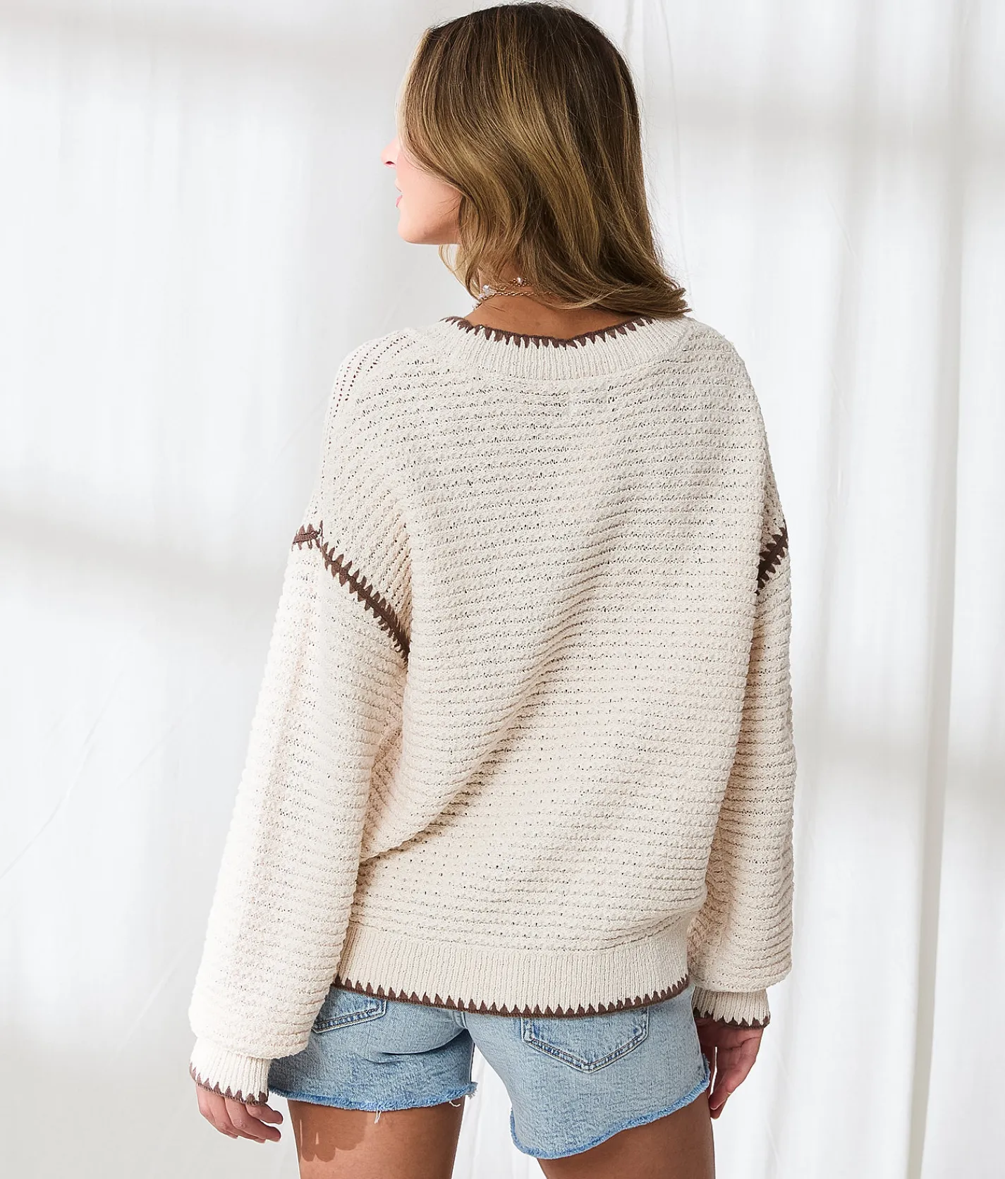 BKE Resort Edit - Contrast Shaker Stitch Sweater Cream Sale