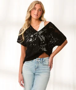 BKE Resort Edit - Crochet Sweater Black Clearance