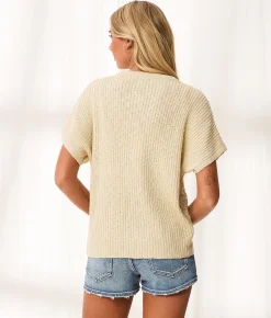 BKE Resort Edit - Front Tie Henley Sweater Beige Outlet
