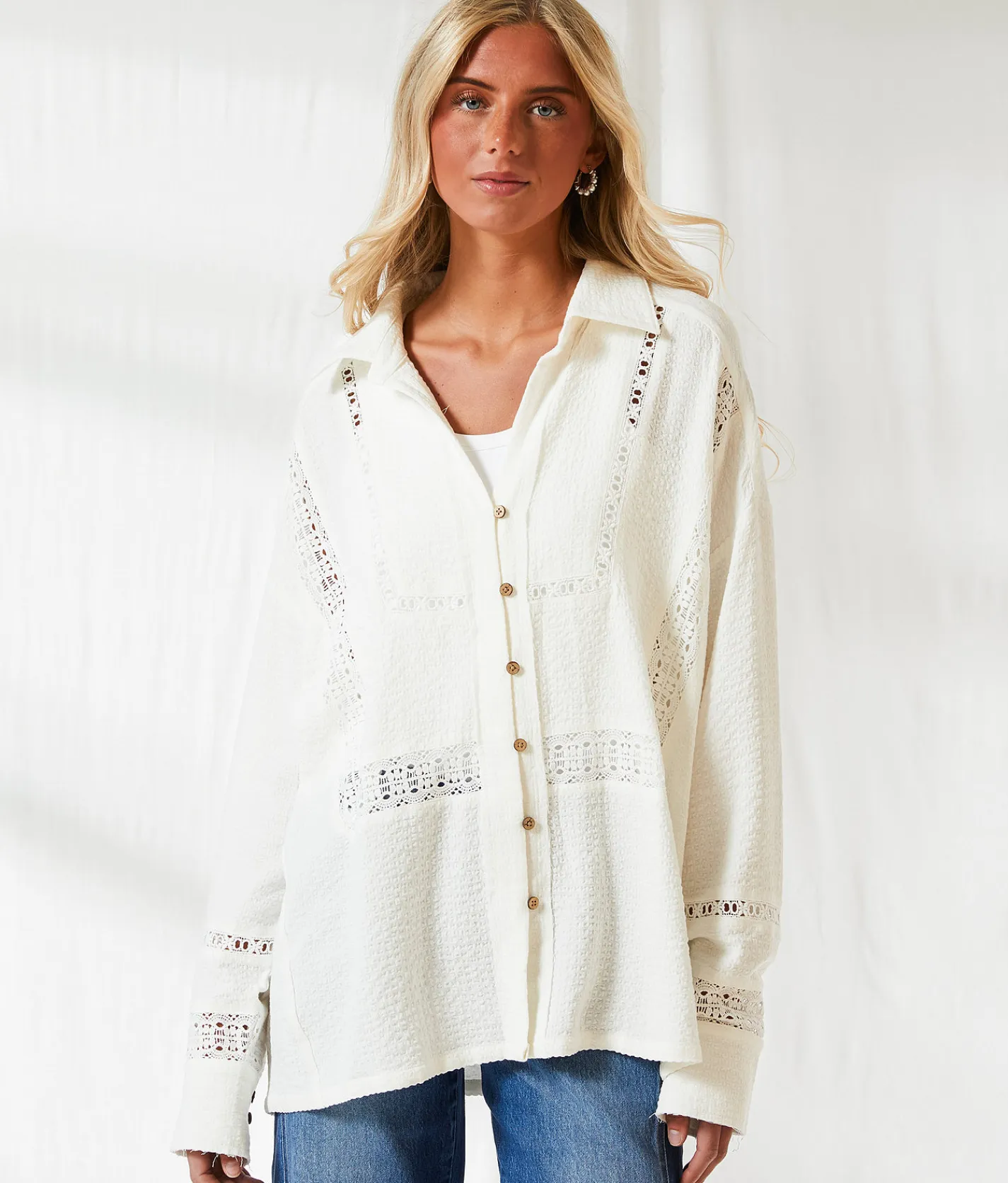 Tops | BKE Resort Edit - Lace Inset Oversized Blouse Off White