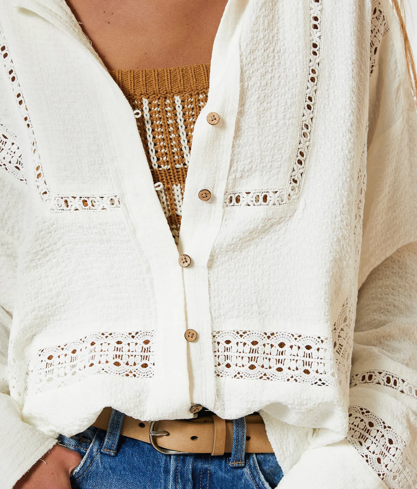 Tops | BKE Resort Edit - Lace Inset Oversized Blouse Off White