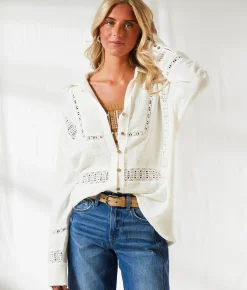 Tops | BKE Resort Edit - Lace Inset Oversized Blouse Off White