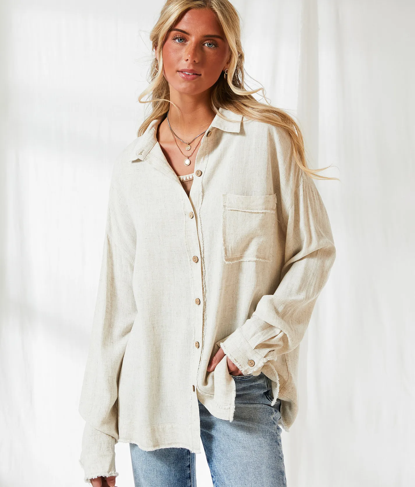 BKE Resort Edit - Linen Blend Blouse Beige Sale