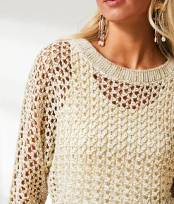 Tops | BKE Resort Edit - Metallic Stitch Sweater Beige Gold