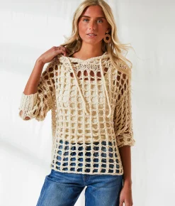 Tops | BKE Resort Edit - Open Stitch Hooded Sweater Beige