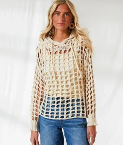 Tops | BKE Resort Edit - Open Stitch Hooded Sweater Beige