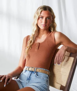 Tops | BKE Resort Edit - Ribbed Henley Tank Top Brown Patina