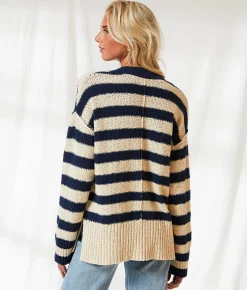 BKE Resort Edit - Striped Cardigan Sweater Navy Cream Outlet