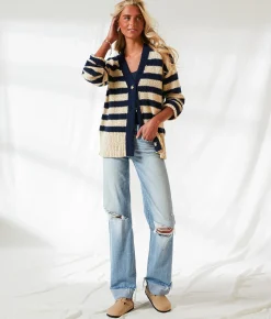 BKE Resort Edit - Striped Cardigan Sweater Navy Cream Outlet