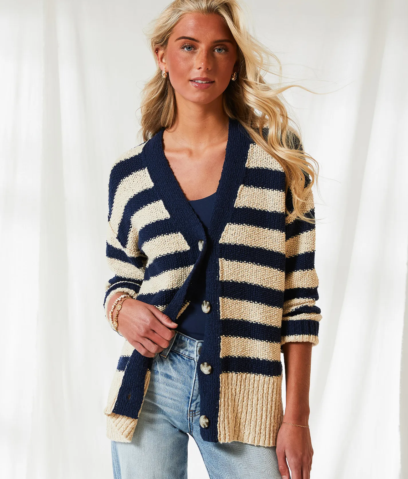 BKE Resort Edit - Striped Cardigan Sweater Navy Cream Outlet