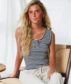 Tops | BKE Resort Edit - Striped Henley Tank Top Navy And Cream Stripe