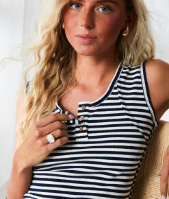 Tops | BKE Resort Edit - Striped Henley Tank Top Navy And Cream Stripe