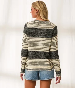 BKE Resort Edit - Striped Sequin Sweater Beige Black Discount