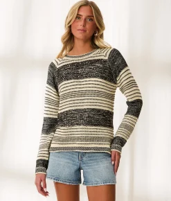 BKE Resort Edit - Striped Sequin Sweater Beige Black Discount