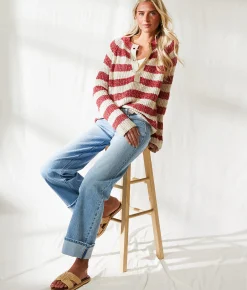 Tops | BKE Resort Edit - Striped Sweater Cardinal Oatmeal