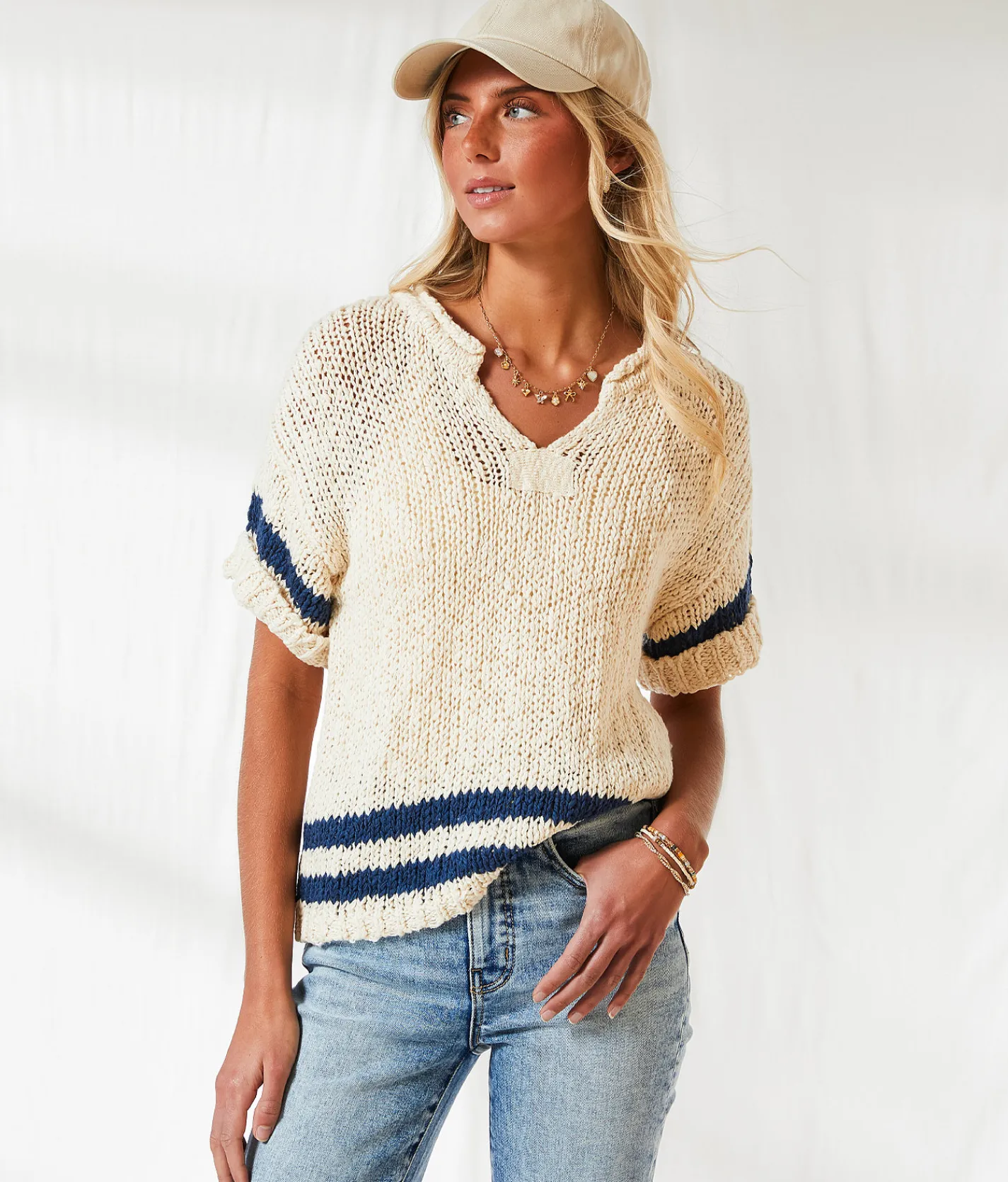 Tops | BKE Resort Edit - Striped Sweater Beige Navy