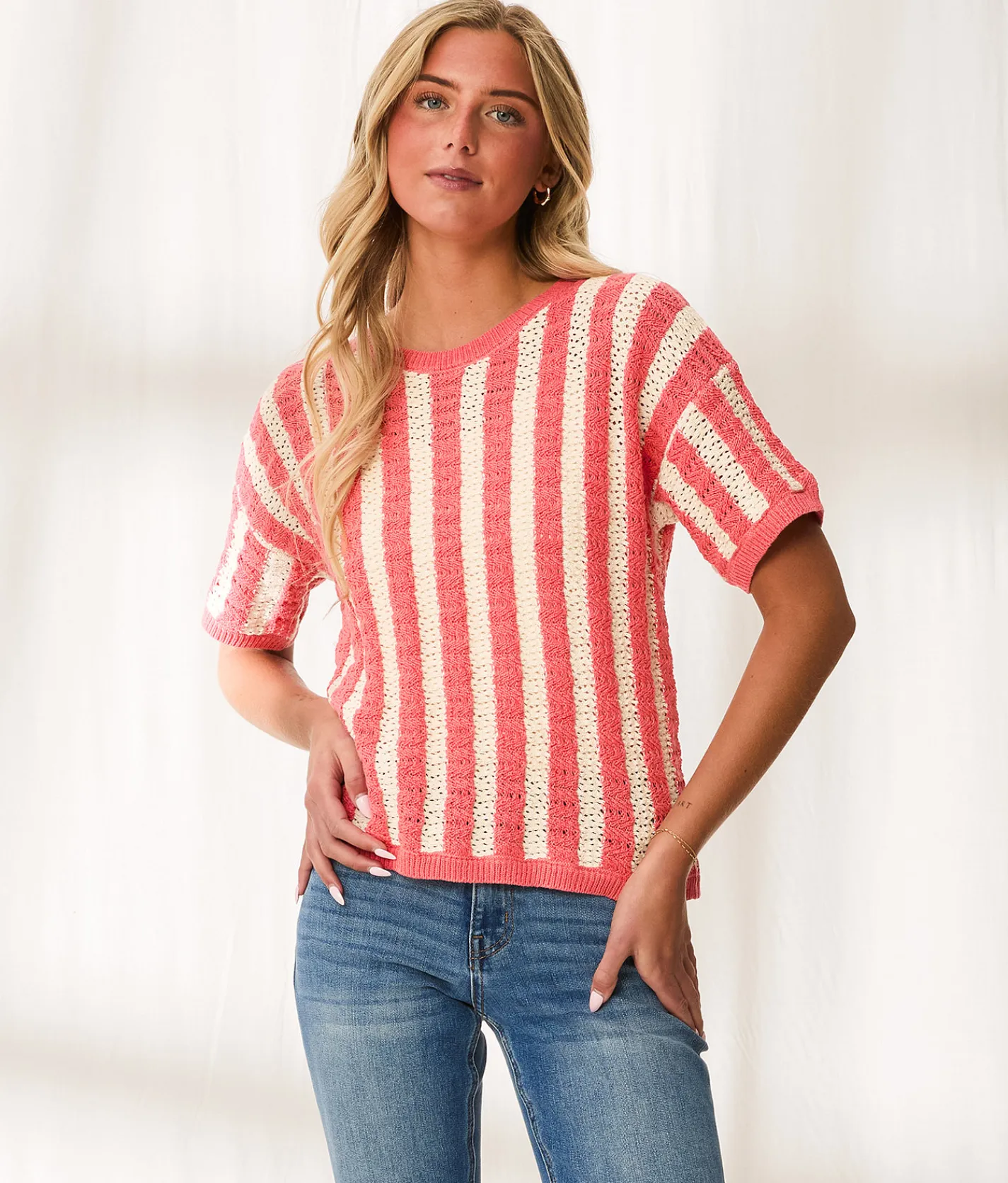 Tops | BKE Resort Edit - Striped Sweater Tea Rose Cream Stripe