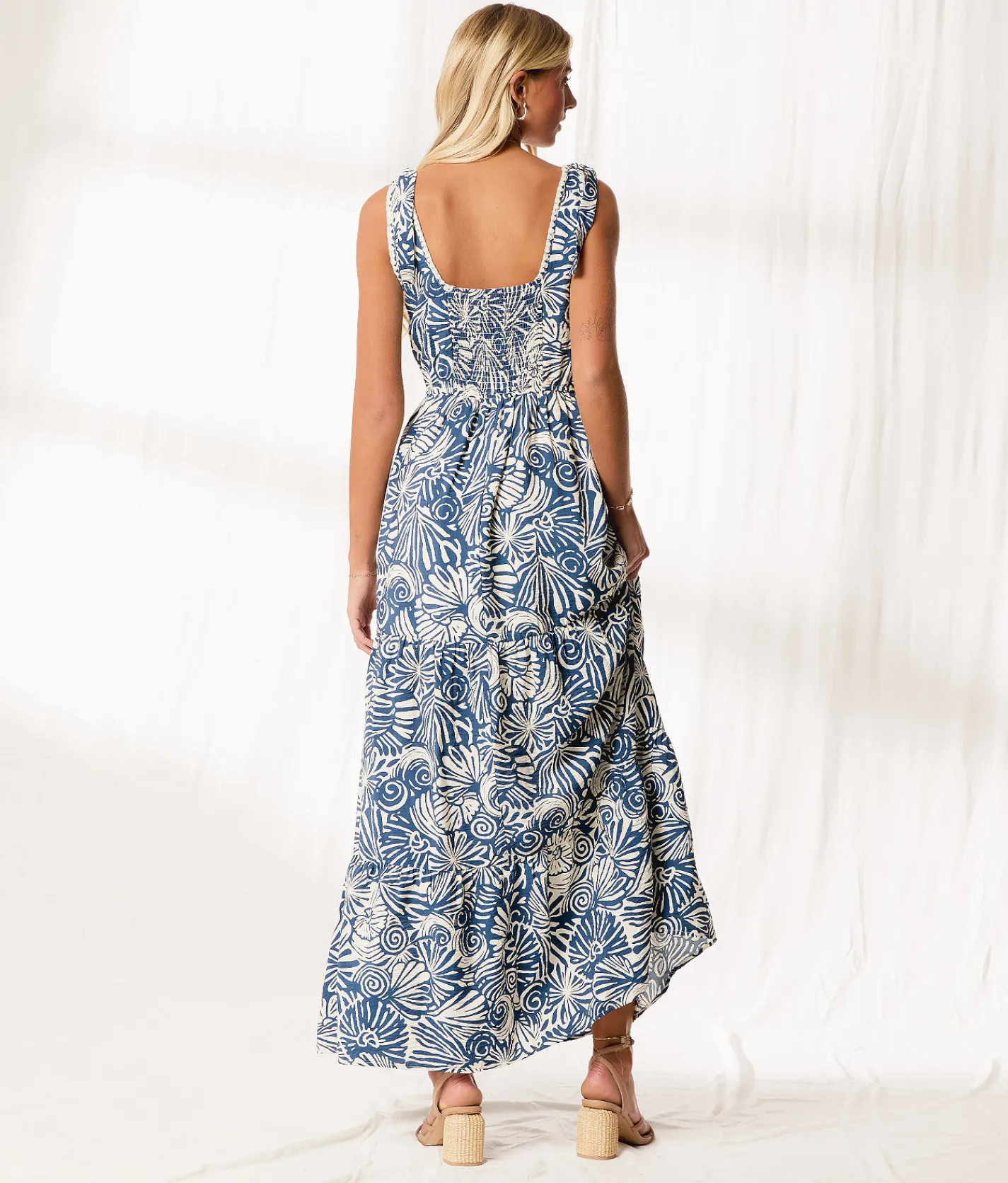 Dresses | BKE Resort Edit - Whipstitch Tiered Maxi Dress Dark Denim Almond Milk