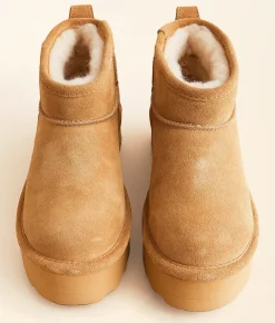 Bearpaw Retro Shorty Platform Leather Ankle Boot Iced Coffee Solid Clearance