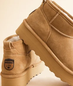 Bearpaw Retro Shorty Platform Leather Ankle Boot Iced Coffee Solid Clearance
