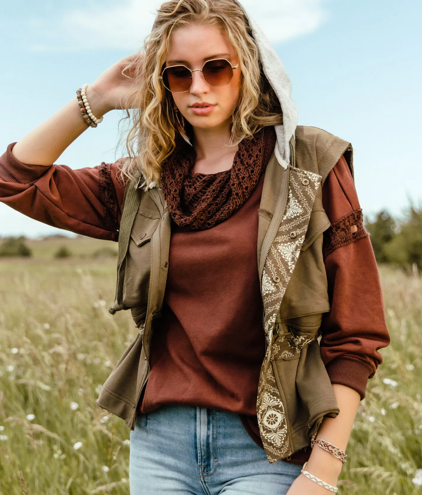 Gimmicks Reverse Pieced Knit Hooded Vest Green Clearance