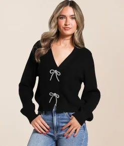 Tops | The Workshop Rhinestone Bow Cropped Cardigan Sweater Cream