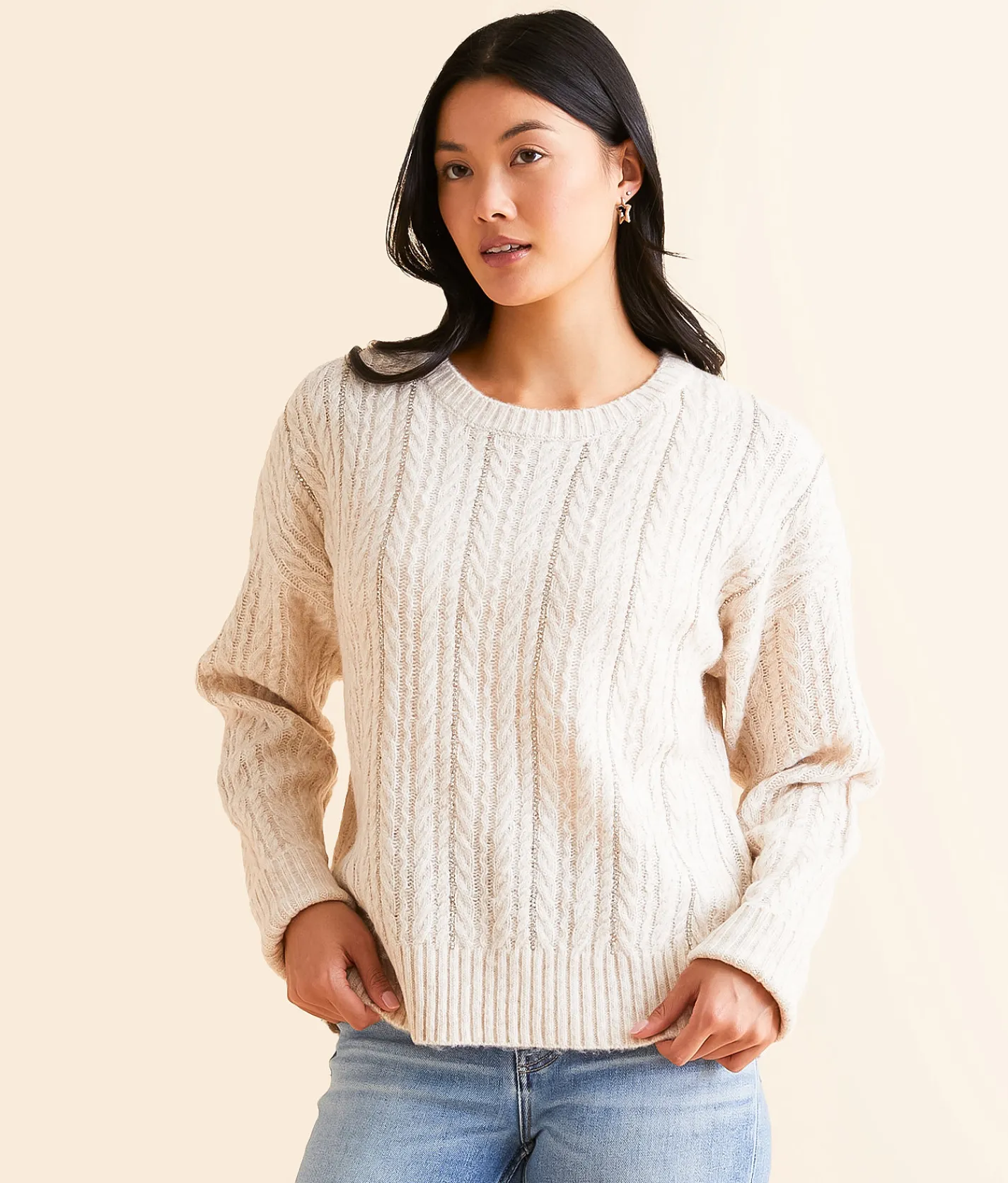 Chembery Rhinestone Cable Knit Sweater Beige New