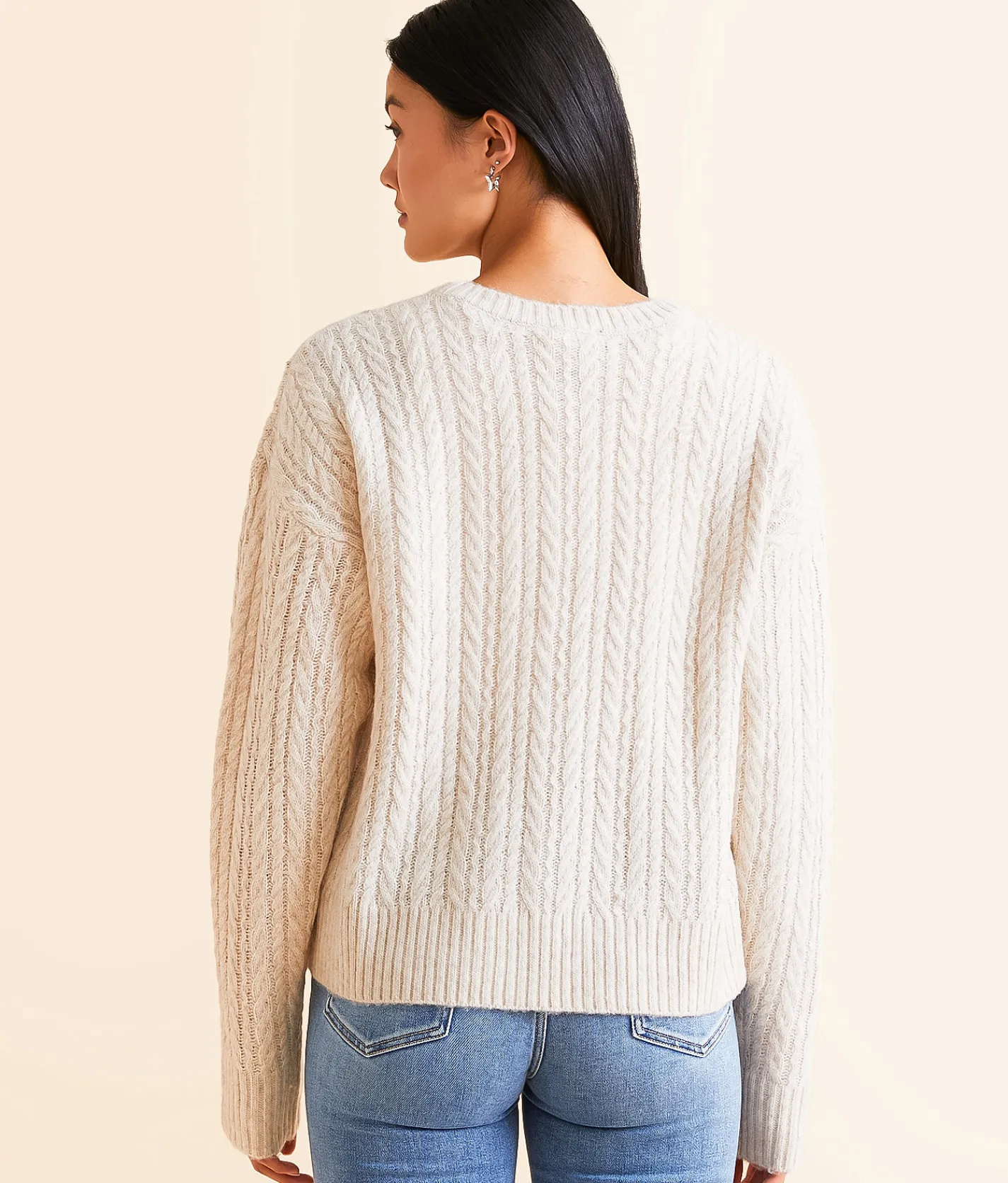 Chembery Rhinestone Cable Knit Sweater Beige New