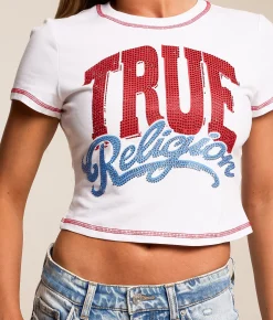 True Religion Rhinestone Cropped T-Shirt Optic White Best