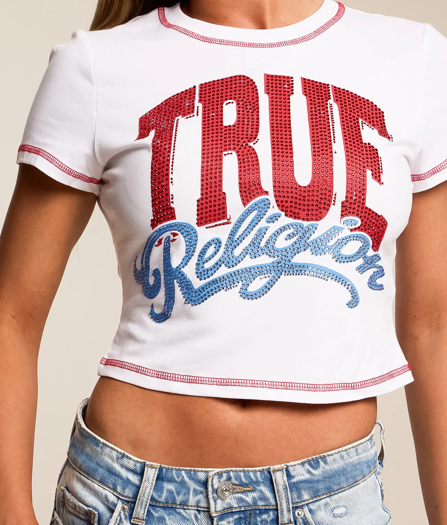 True Religion Rhinestone Cropped T-Shirt Optic White Best