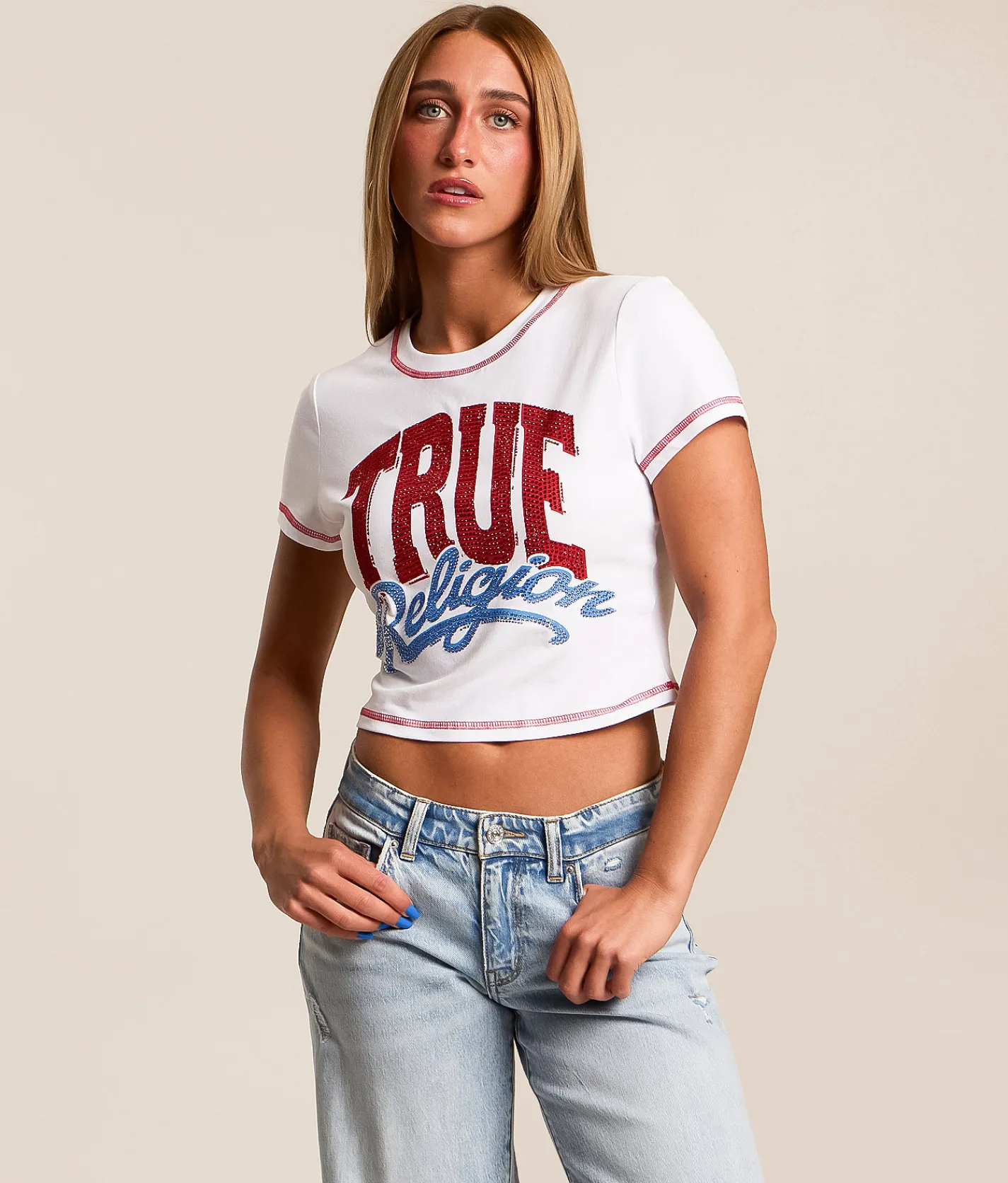 True Religion Rhinestone Cropped T-Shirt Optic White Best