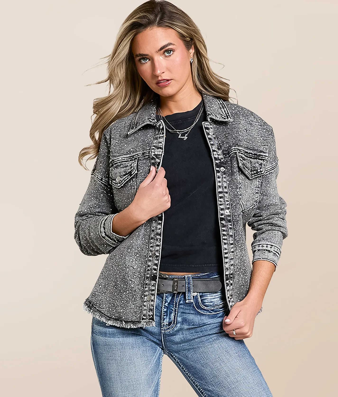 Tops|Coats & Jackets | Veveret Rhinestone Denim Jacket Black