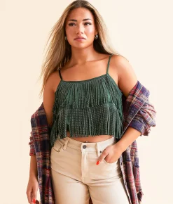 DH Apparel Rhinestone Fringe Cropped Tank Top Eden Green New