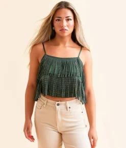 DH Apparel Rhinestone Fringe Cropped Tank Top Eden Green New