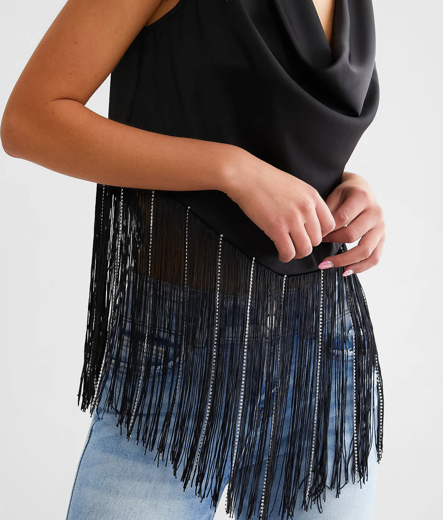Blue B Rhinestone Fringe Tank Top Black Online