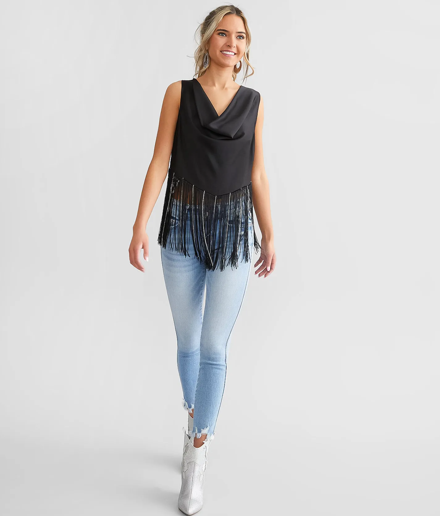 Blue B Rhinestone Fringe Tank Top Black Online
