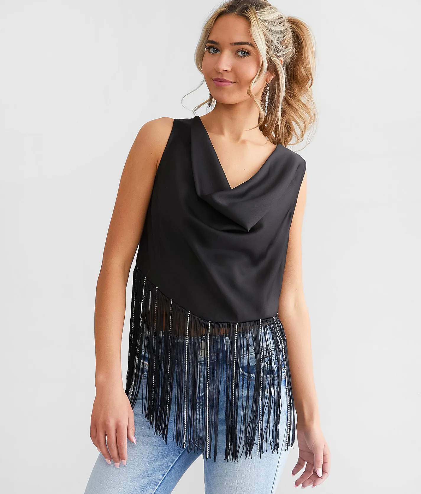 Blue B Rhinestone Fringe Tank Top Black Online