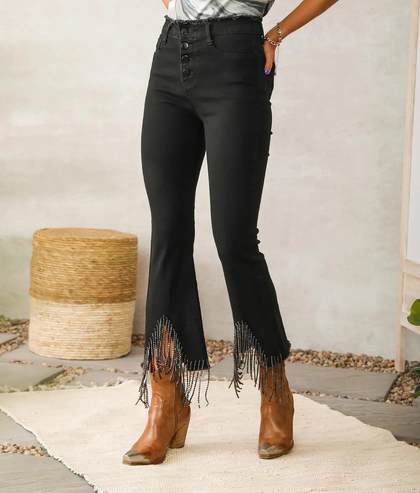 Jeans|Bottoms | Blue B Rhinestone High Rise Cropped Flare Jean Black