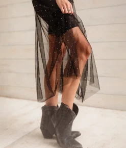 Sterling & Stitch Rhinestone Mesh Midi Skirt Black Discount
