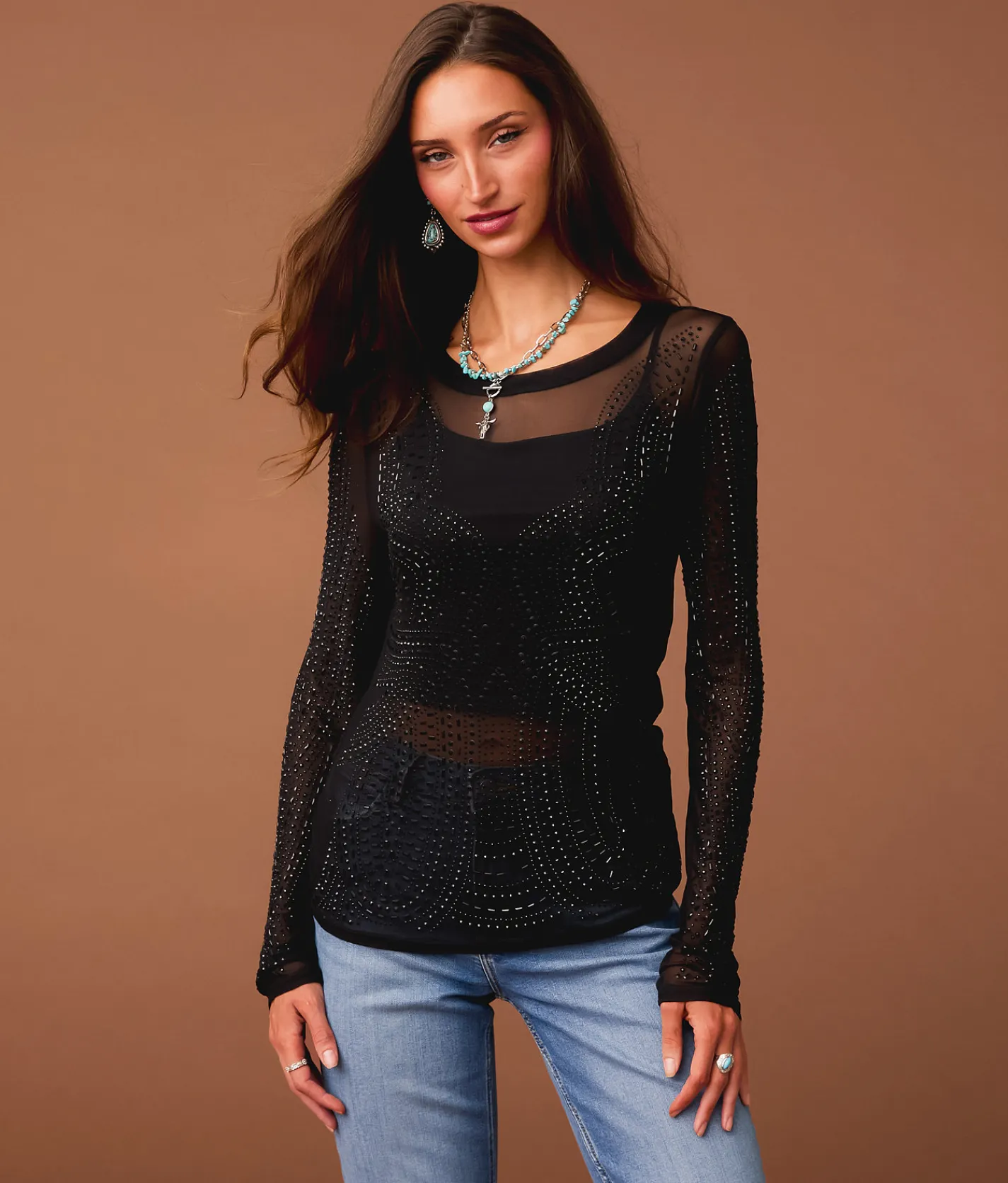 Tops | Sterling & Stitch Rhinestone Mesh Top Black