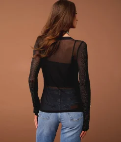 Tops | Sterling & Stitch Rhinestone Mesh Top Black